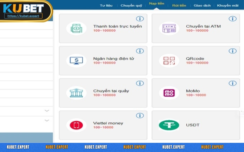 Đa dạng phương thức rút tiền được liên kết với KUBET cho bạn lựa chọn